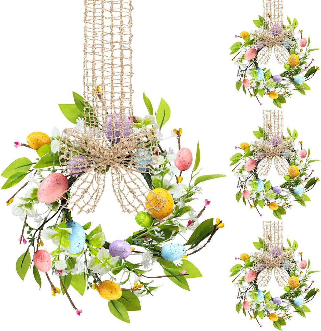 Dingion 4 Pcs 8" Small Easter Wreaths for Kitchen Cabinet Mini Spring Artificial Easter Egg Wreath with Ribbon Bow for Window Front Door Table Centerpiece Farmhouse Decor