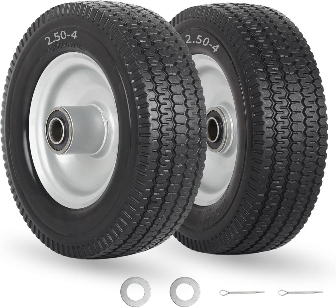 8-Inch Flat-free Tire, 2.50-4 Solid Tire and Wheel, 5/8" Bearings, 2.2" Offset Hub for Hand Truck Garden Wagon Trolley Dolly Replacement, 2 Pack