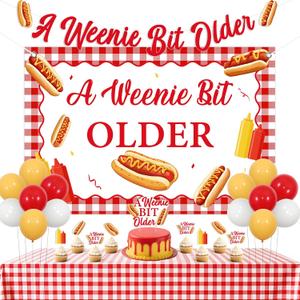 Jollyboom a Weenie Bit Older Birthday Decorations, Hot Dog Decorations Backdrop Banner Cake Cupcake Toppers Balloons Table Cloth for Women Bridal Shower Wedding Retro Bbq Cookout Party