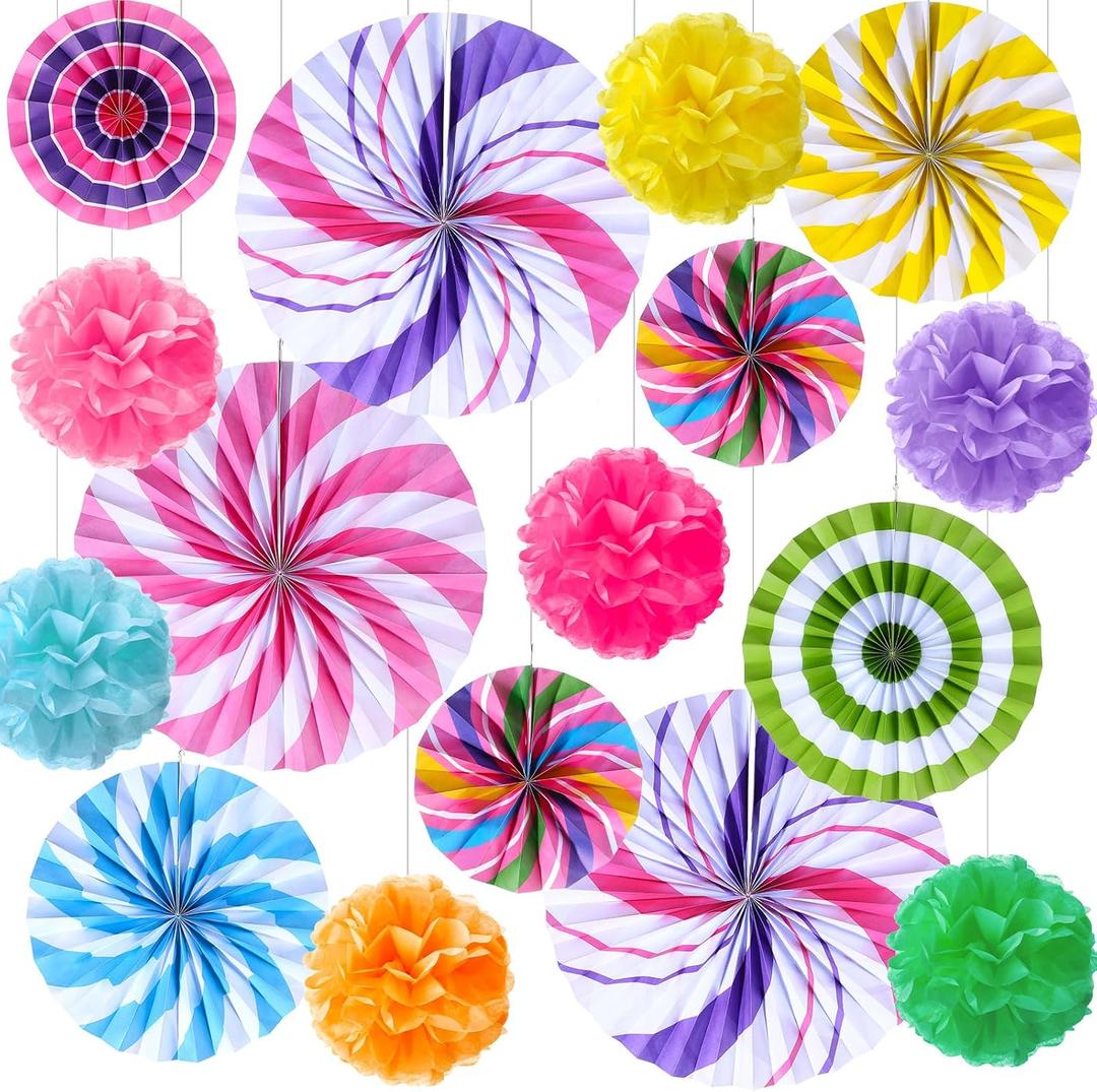Outus 21 Pcs Party Decorations Hanging Paper Fans Candy Classroom Decorations Lollipop Tissue Pom Poms for Garland Ceilings Candyland Theme Birthday Party Supplies (Pom Poms)