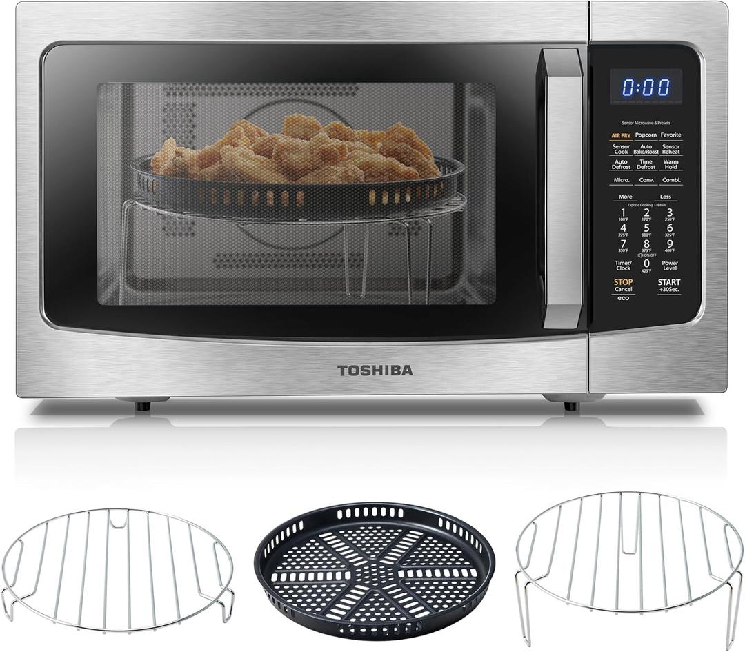 Toshiba Air Fryer Combo 4-in-1 Countertop Microwave Oven, Smart Sensor, Convection, Mute Function, Position Memory 13.6" Turntable, 1.5 Cu Ft, 1000W, Silver, ML-EC42P(SS)