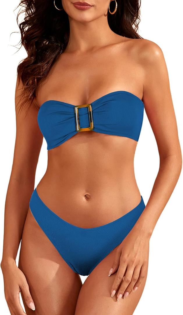 ZAFUL Women's Bandeau Bikini Sets Buckle Strapless Lace Up High Cut 2 Piece Swimsuit Solid Bathing Suit (Large)