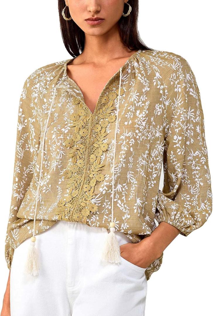 Women's Long Sleeve Blouse, Casual Shirt Top for Daily, Work & Vacation Outfits (Brown, M)