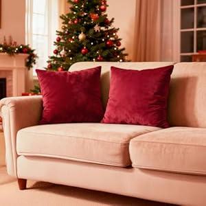 Encasa XO Christmas Velvet Throw Pillow Covers 12x12 in (30x30 cm) - Red - Set of 2 No Inserts, Only Pack of 2 Cases | Soft Square Decorative Euro Shams Cushion Cover for Couch, Sofa