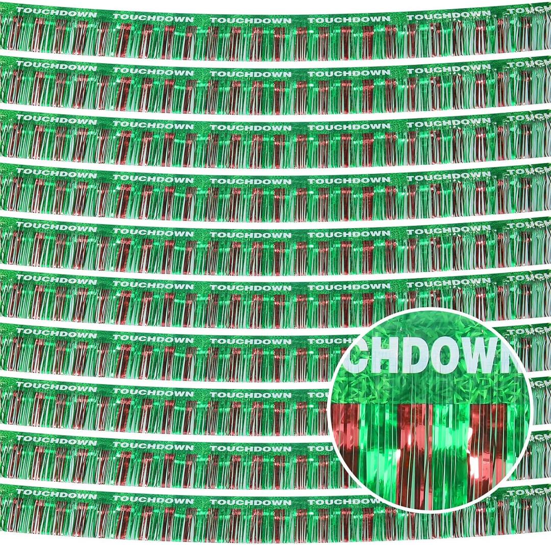 Football Party Decorations 10 Pack 98 FT Green Brown Foil Fringe Garland Metallic Tinsel Streamer for Superbowl Birthday Decorations Football Party Supply