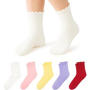 Stelle Girls Ruffle Socks Uniform Dress Ankle Crew Sock 3/5/6 Pairs for Kid (XS)