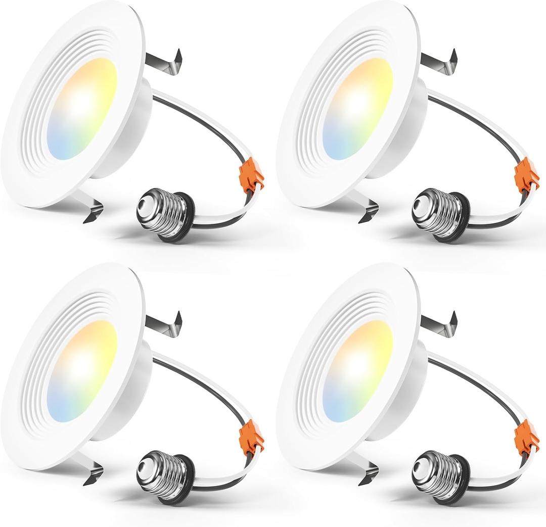 Amico 4 Pack 4 inch 5CCT LED Recessed Lighting, Dimmable, 8.5W=60W, 650LM, 2700K/3000K/4000K/5000K/6000K Selectable, Retrofit Can Lights with Baffle Trim, IC Rated - ETL & FCC, White