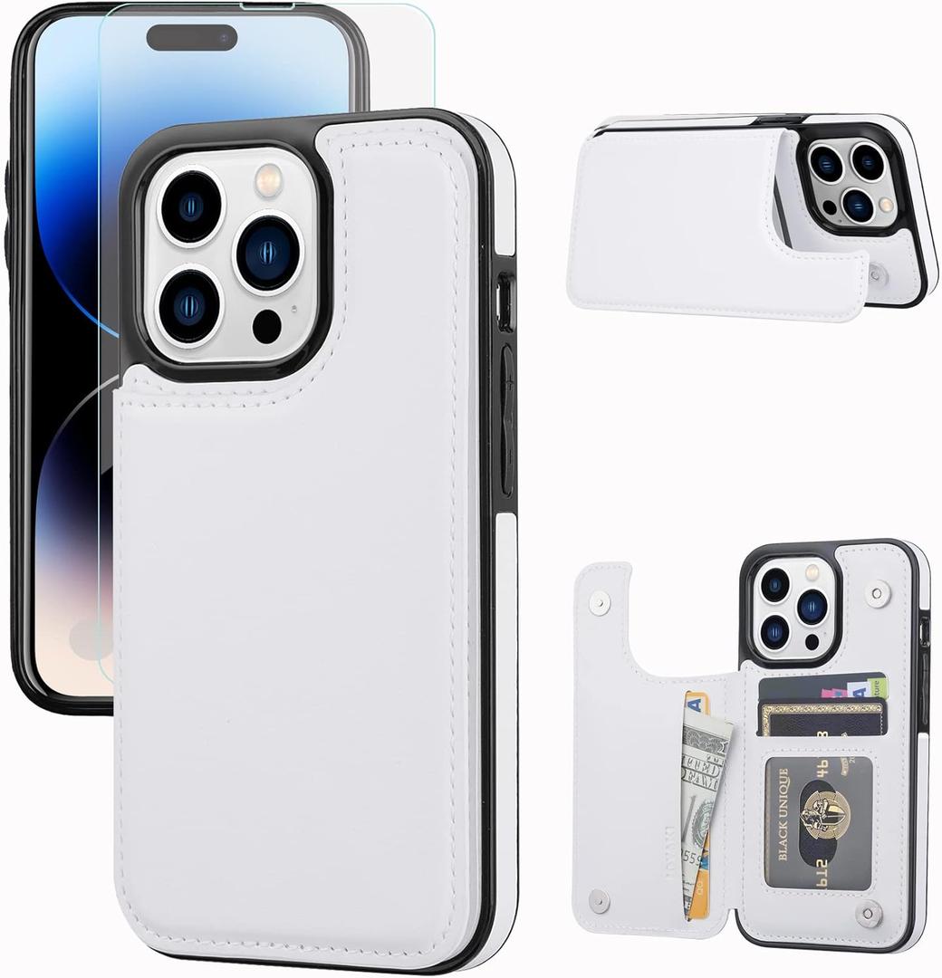 Wallet Case Compatible with iPhone 14 Pro, Slim Protective case with Card Holder,Premium PU Leather Kickstand Card Slots Case with a Screen Protective Glass -White
