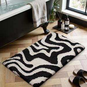 LUMI Non Slip Bathroom Rug Modern Aesthetic, Ultra Soft Absorbent Washable Bath Mats, Quick Dry Premium Floor Rugs for Shower, Tub, Black and White, 20x32