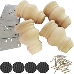 Wooden Furniture Legs, Solid Wood Unpainted Replacement Furniture Legs, Kitchen Dining Table Legs/Desk/Sofa/Bookcase Bun Feet, DIY Wooden Round legs with Mounting Plate & Screws Set of 4 (4 Inch)
