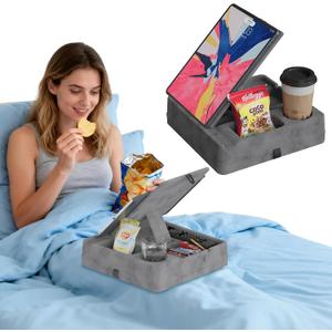 Tablet Pillow Stand for Lap, Bed and Desk, Foldable Soft iPad Holder with Snack Bowl for Kindle,Phone,Tablet,E-Reader,Free Reading and Relaxation on Bed,Couch,Recliner,Gray