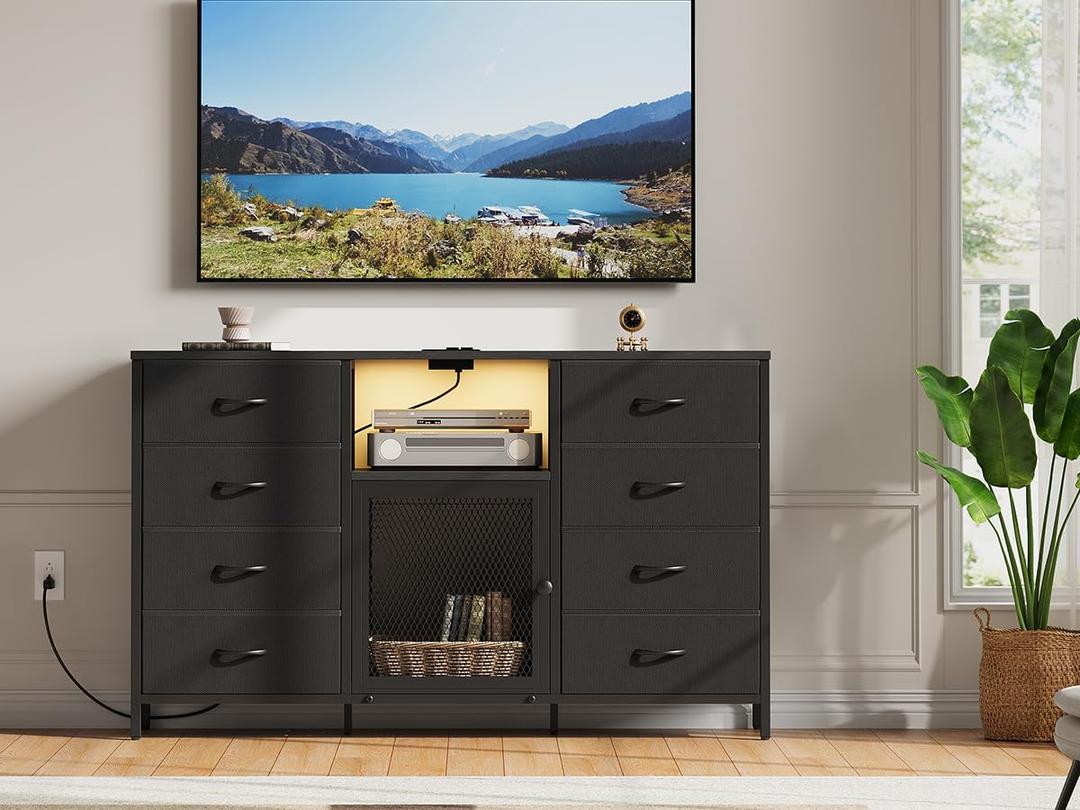 - Dresser TV Stand for Bedroom for TV with LED Lights and Charging Station, Fabric Chest of Drawers, 8 Fabric Drawers, Wood Top, Living Room, Closet Black