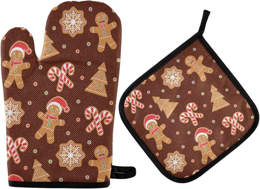 QUGRL Christmas Gingerbread Candy Oven Mitts and Pot Holders Set Merry Xmas Kitchen Oven Gloves Hot Pads Heat Resistant Handling Cooking Cookware Bakeware BBQ (Pattern7)