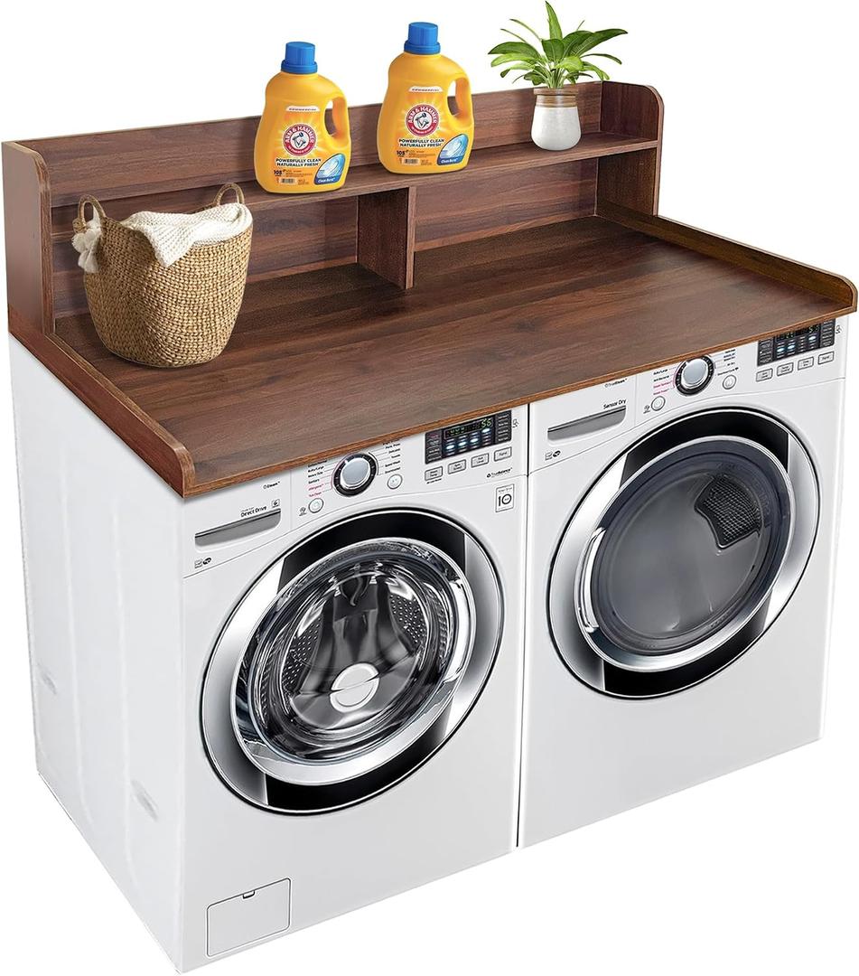 Royxen Laundry Countertop with 2-Tier Shelf Universal Fit, Washer and Dryer Countertop with Storage Space, Shelf Height 11.5 Inches, Solid Wood Core, Walnut, 54 inches x 11.5 inches x 27.5 inches