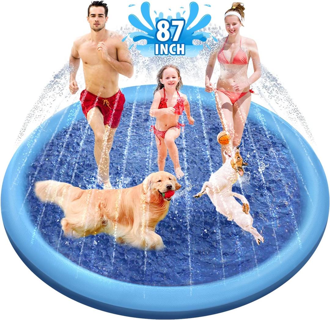Raxurt Dog Splash Pad, 87in Anti-Slip Dog Pool Splash Pad for Dogs Kids 0.55mm Thickened Durable Bath Pool Pet Summer Outdoor Water Toys Backyard Fountain Play Mat, Blue