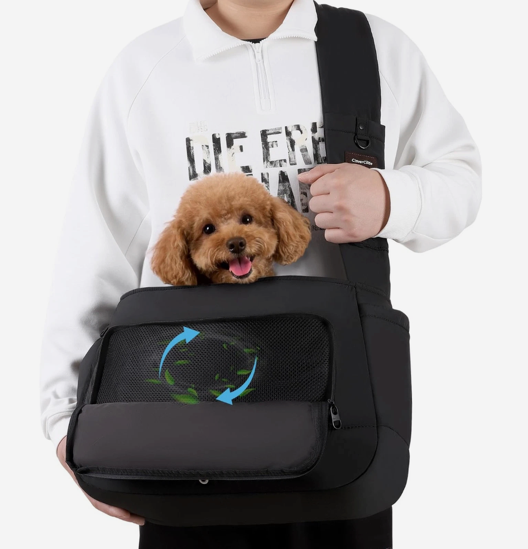 Pet Sling Carrier for Small to Medium Dogs and Cats, Fits 10–20lbs, Adjustable Soft Padded Shoulder Strap Dog Sling Carrier with Storage Pocket for HandsFree Outdoor Travel & Hiking Black