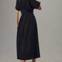 Yeokou Shirt Dress for Women Summer Casual Short Sleeve Button Down Loose Pleated Maxi Sundress with Pockets (Black, L)