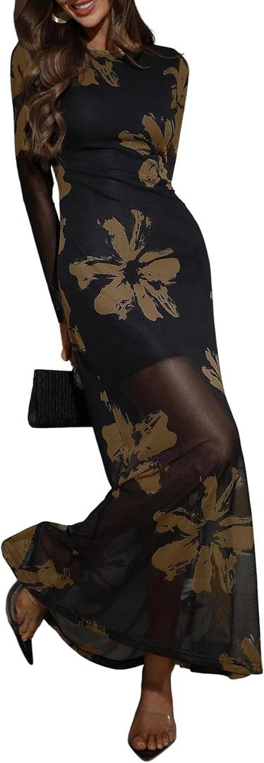 Verdusa Women's Floral Mesh Maxi Dresses Long Sleeve Elegant Formal Wedding Guest Dress Cocktail Fall 2025 (Medium, Black)