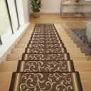 Gloria Non Slip Rubber Back Pet Friendly Floral Design Carpet Stair Treads Stairway mats (13, Brown)