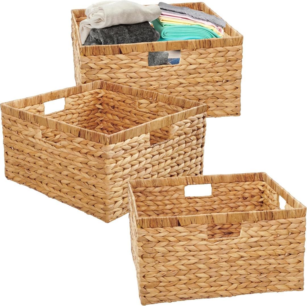 BARIEN 14.5 x 13.5 x 8 (Set of 3) Natural Water Hyacinth Storage Baskets, Rectangular Wicker Basket with Built-in Handles, Large (14.5 x 13.5 x 8 in (3-Pack))
