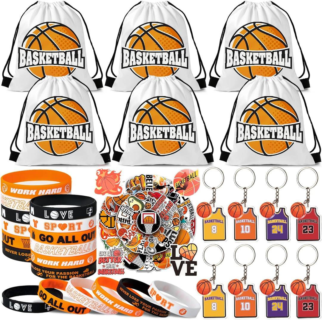 SNLN 12 Sets Basketball Party Favors Basketball Goodie Bags for Boys Includes Drawstring Bag Silicone Bracelet Keychain Tattoo Sticker for Sports Goodie Bags Basketball Birthday Party Supplies Decor