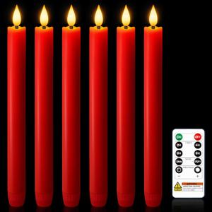 6 Pcs Flameless Taper Candles with Remote Timer Dimmer, Red Plastic Led Taper Candles Flickering, 9.6 Inches Battery Operated Candlesticks, for Party Holiday Christmas Decor