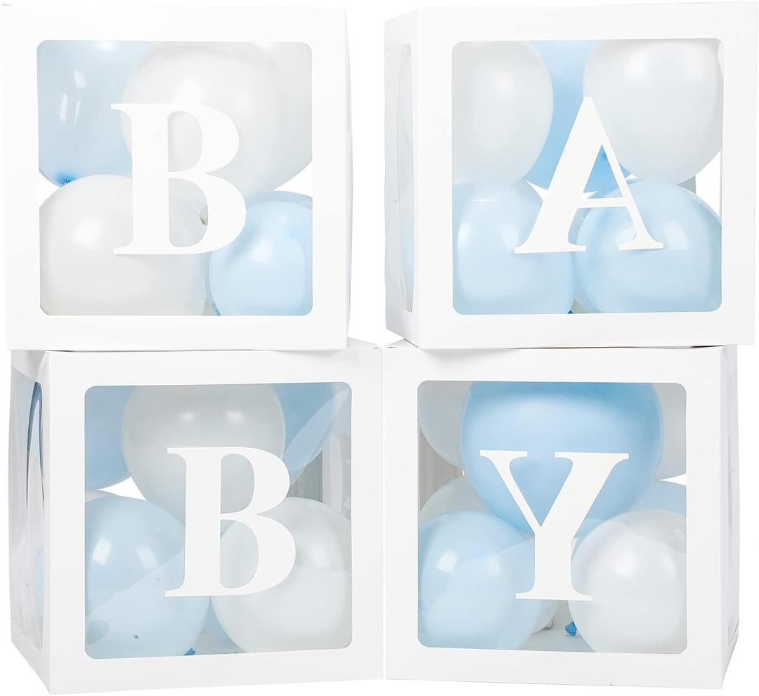 Baby Boxes with Letters for Baby Shower, 4 Transparent Balloon Boxes with Letters for Gender Reveal Birthday Wedding Baby Shower Decorations(Blue and White Balloons)