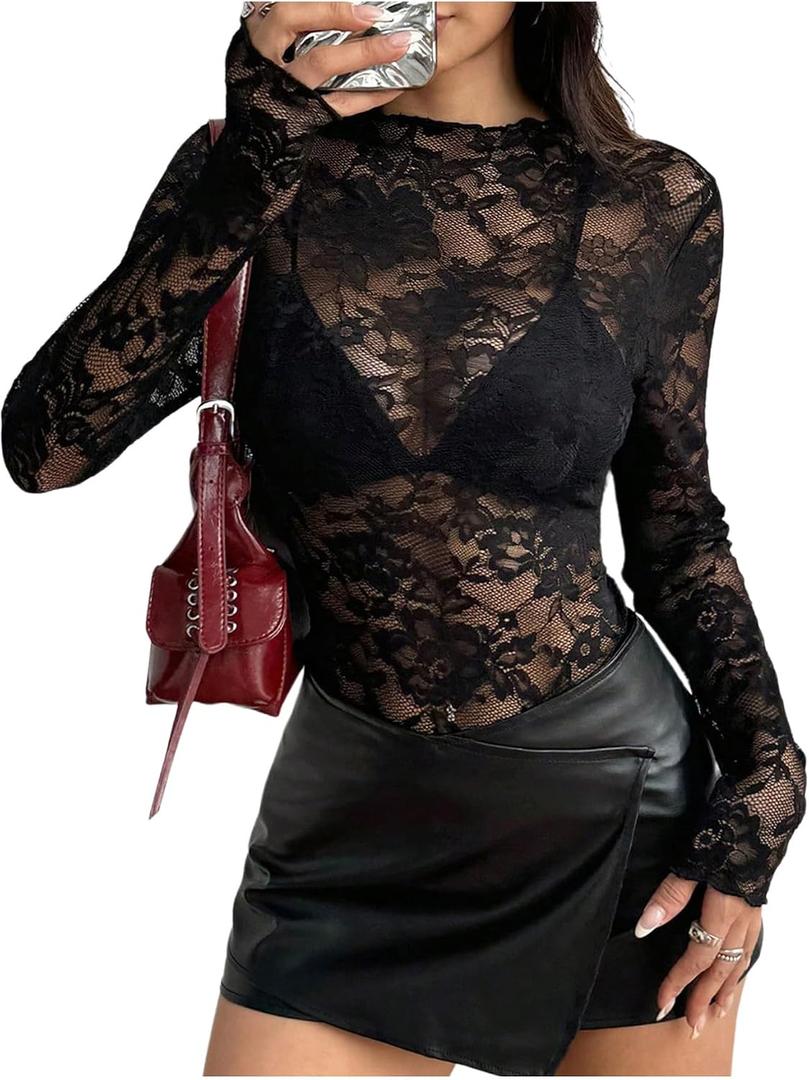 SHENHE Women's Mesh Sheer Lace Layering Top Y2k Long Sleeve Mock Neck See Through Party Shirt (L)