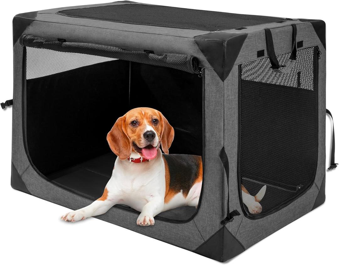 Hiaksedt Dog Crates - 36 Inch Collapsible Soft Dog Crate, 3-Door Foldable Soft Kennel for Large Dogs, Portable Pet Travel Cage with Chew Proof Mesh Window for Indoors & Outdoors Dark Gray
