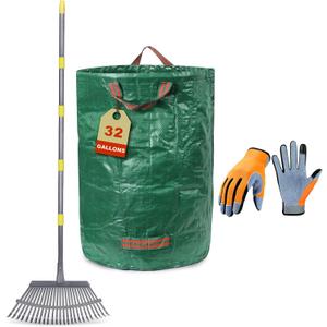 3-Piece Leaf Rake Kit  Adjustable Heavy-Duty Yard Rake with 25 Tines (3673"), 32-Gal Tear-Resistant Bag & Leather Gloves  Fall Cleanup Set for Lawn, Shrubs & Gardens