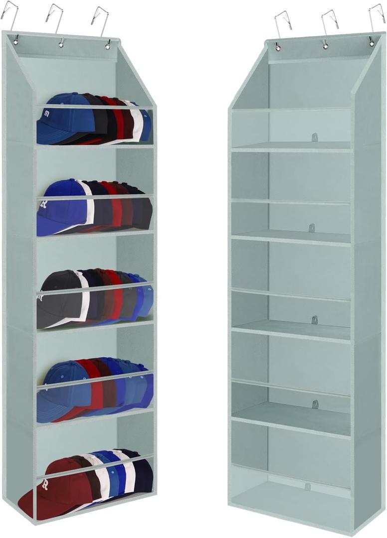 Hat Organizer for Baseball Caps Hat Rack Hanging with 5 Clear Large Deep Pockets Over the Door Hat Storage Holds 50 Caps Hat Holder on Wall Baseball Hat Storage Organizer with 3 Hooks (Grey-b)
