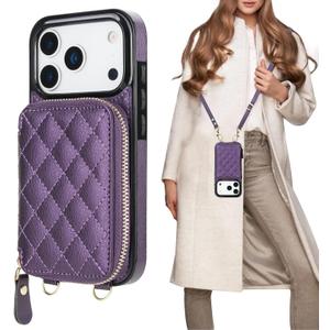 Bocasal Crossbody Wallet Case for iPhone 17 Pro, RFID Blocking PU Leather Zipper Handbag Purse Flip Cover, Kickstand Folio Case with Card Slots Holder Wrist Strap Lanyard 5G 6.3 Inch (Dark Purple)