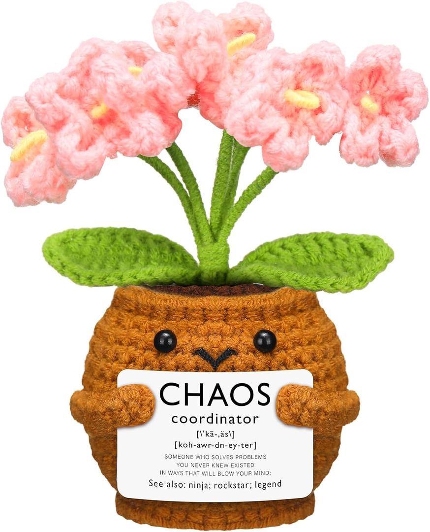 1 Set Chaos Coordinator Gift for Women Appreciation Gift for Coworker Positive Handmade Sunflower Doll Crochet with Card Inspirational Thank You Manager Boss Staff Team (Pink Flowers)