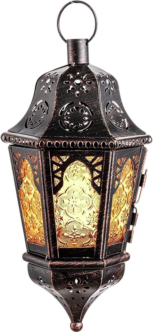 NEEDOMO Hanging Moroccan Lantern, 13.5'' Vintage Metal Candle Holder with 14.8" Chain, Ramadan Lanterns Decorative Indoor Outdoor for Home, Table, Patio, Porch, Christmas,Halloween, Spring (Amber)