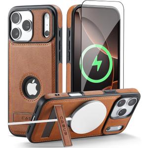 Casus Designed for iPhone 17 Pro Case Compatible with MagSafe Kickstand Vegan Leather Slim Classic Luxury Elegant Protective Cover with Tempered Glass Screen (2025) 6.3" - Brown