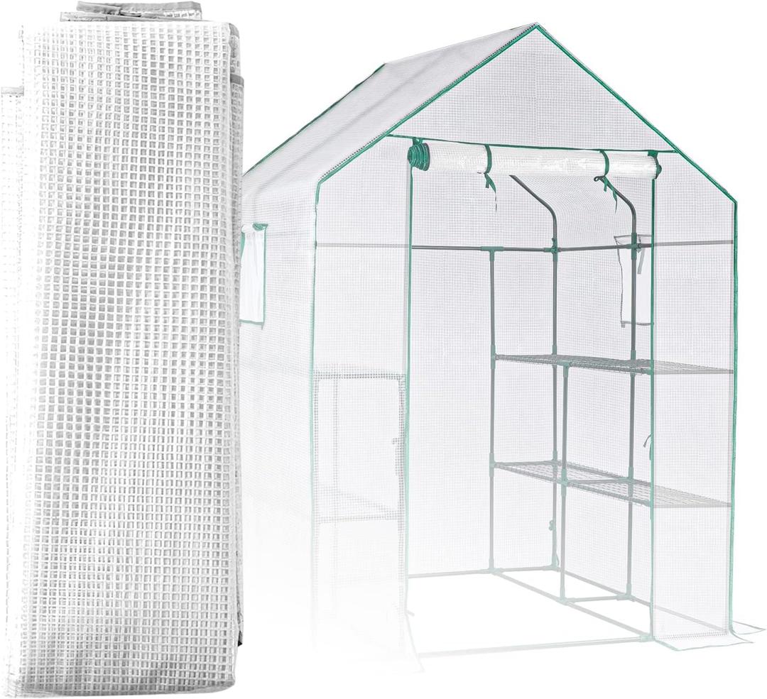 Greenhouse PE Cover, 565676 Inches Waterproof Replacement Cover with 2 Side Mesh Windows for Walk-in Greenhouse for Outdoors - White Cover Only