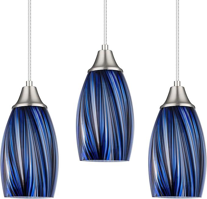 Dark Blue Glass Mini Pendant Lights for Kitchen Island 3Pack Blown Art Glass Pendant Lighting Shade Hanging Pendant Lights with Brushed Nickel Finish for Kitchen Over Sink,Dining Room