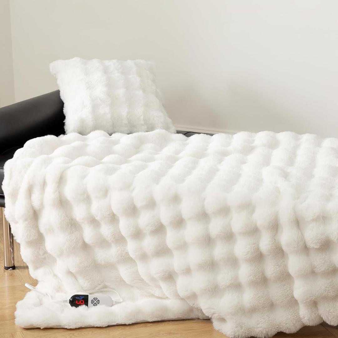 Faux Fur Heated Blanket Throw White - Luxury Fluffy Rabbit Bubble Electric Blanket with 6 Heating Levels, 4 Time Settings, Ideal Gift for Women, Machine Washable (50"x60")