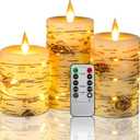 Flameless Candle LED Candles Hand Painted Birch Bark Effect Recessed Light String Candle Set of 3(H4,5,6") Ivory Real Wax Pillar Battery Operated Candles with Dancing LED Flame 10-Key Remote Control