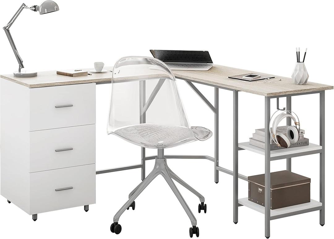Techni Mobili L Shaped Desk - Two-Toned Computer Desk with Drawers & Storage Shelves - Simple Modern Furniture & Home Office Space Corner Table for Work & Writing (Sand)
