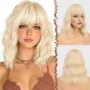 FESHFEN Platinum Blonde Bob Wig with Bangs, Shoulder Length Wavy Wig Synthetic Short Hair Wig for Women Party Daily Use, 14 inch