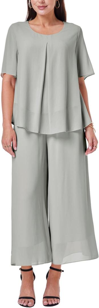Women's 2 Piece Chiffon Sets Outfits Flowy Summer Casual Dressy Pantsuits Loose Double Layers Blouse Pants Sets, XXL