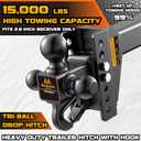 Adjustable Trailer Hitch - Drop Hitch -Tri Ball Mount w/Hook (1-7/8'', 2''&2-5/16''), Fits 2.5-Inch Receiver, 6'' Drop/Rise 15,000 LBS GTW Tow Hitch, 3 Ball Hitches for Trucks, RV, Camper etc