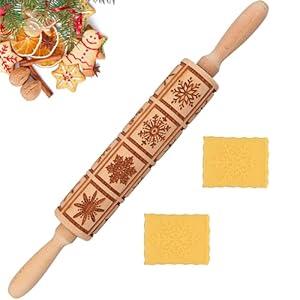 XINBADA Christmas Snowflake Embossed Rolling Pin - Perfect Christmas Baking Supplies for Cookie Decorating, Wooden Rolling Pin for Cookies & Pastries, Christmas Theme Cookie Mold