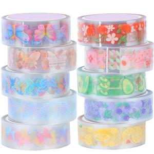 10 Rolls Waterproof Plastic Tape Cute 15mm Wide Self-Adhesive Tape Butterfly and Fruits Pattern Masking Clear Printed Sticker Lovely Gift for Scrapbook, Bullet Journal, Planner, Arts & Crafts-65.6 Ft