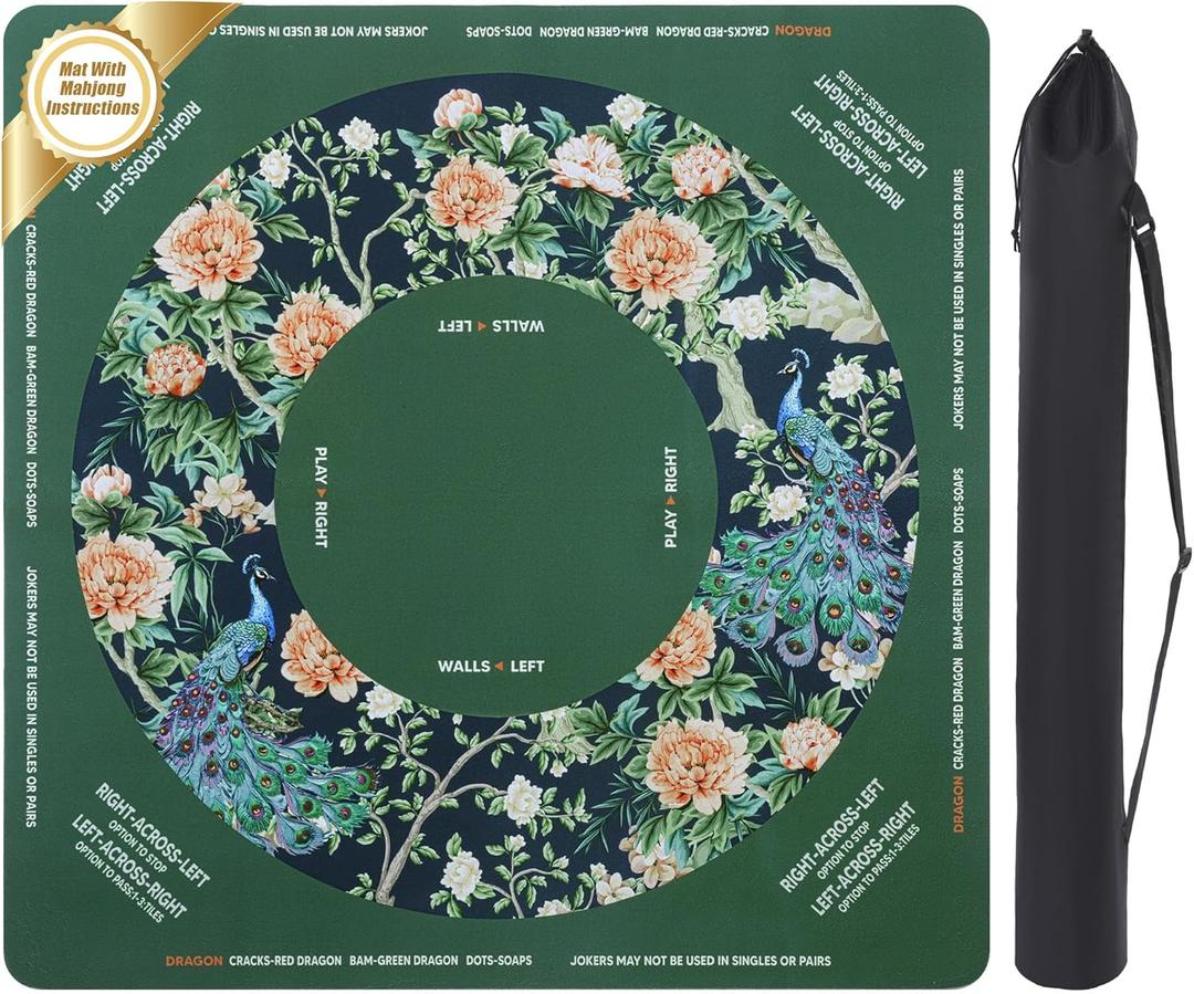 BALAPET Portable Mahjong Mat with Playing Instructions for Learning, Chinoiserie Peony Peacock Style Mahjong Mat for Table, Anti-Slip Noise Reduction Table Mat Cover for Board&Tile GamesGreen
