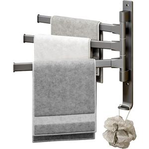 Towel Bar Towel Rack Bathroom Towel Rack, Adhesive Wall Mounted, 180-Degree Rotatable, 3-Bar Space Aluminum Towel Holder for Bathroom with Protective End Caps and Integrated Hooks Bath Towel Holder