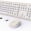 Wireless Keyboard and Mouse Combo, Ergonomic Full Size Typewriter Retro Round Keycaps Keyboard, Compatible with Windows, PC, Perfer for Home and Office Keyboards (Beige (Creamy white)