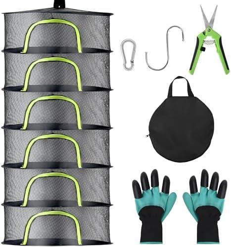 BRIVADO Herb Drying Rack Hanging Mesh 6 Layer 24" with Zipper, Gloves, Garden Pruning Shear, Hook & Carabiner Clip for Drying Herbs, Plants, Seeds, Buds | Outdoor, Hydroponics Herb Dryer Hanging Rack