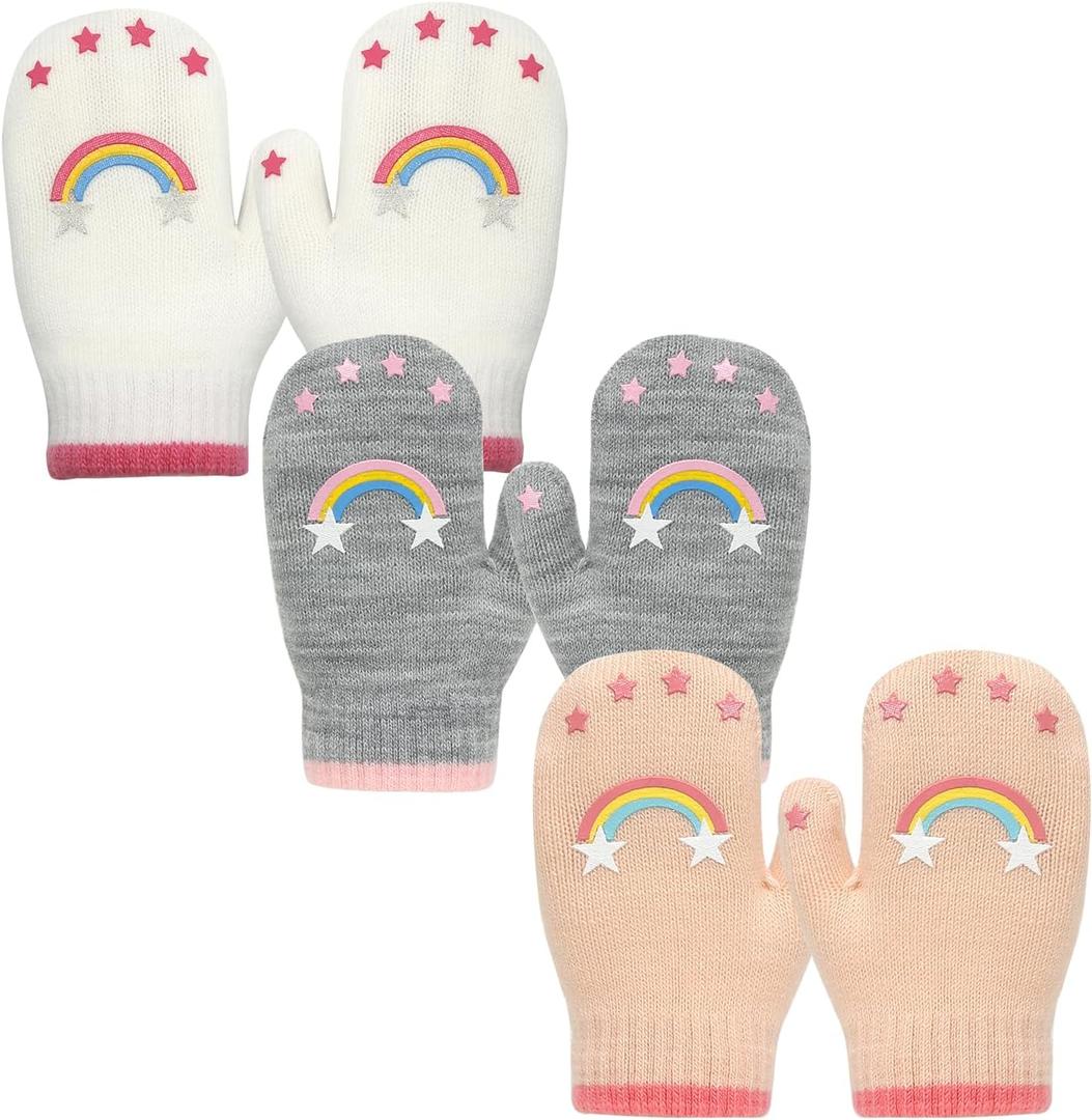 Evridwear Toddler Mittens Girl Boy Mittens 3 Pairs Knitted Stretch Gloves for Kids Toddler Winter Warm (4-6Years, Rainbow Printing)